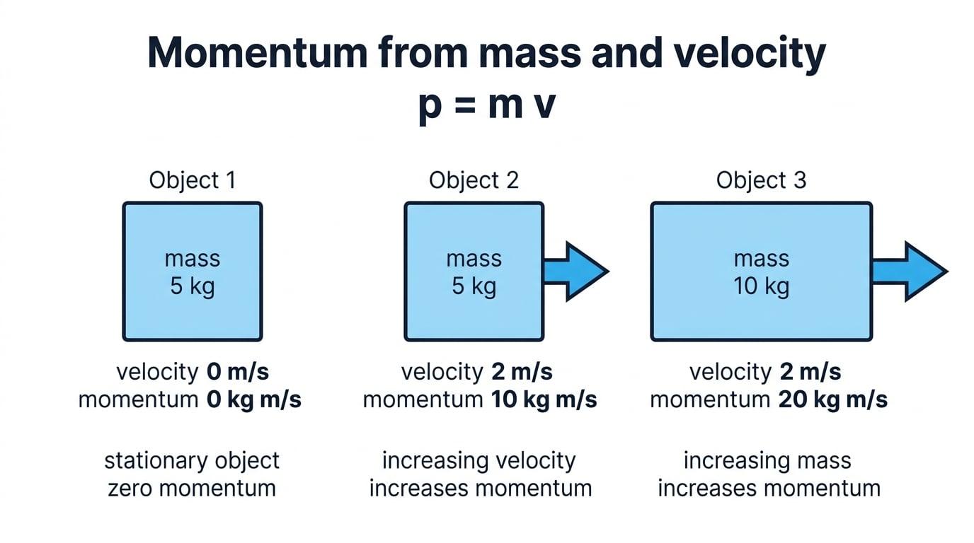 Three boxes showing momentum for a stationary 5 kg object, a 5 kg object moving at 2 m/s, and a 10 kg object moving at 2 m/s