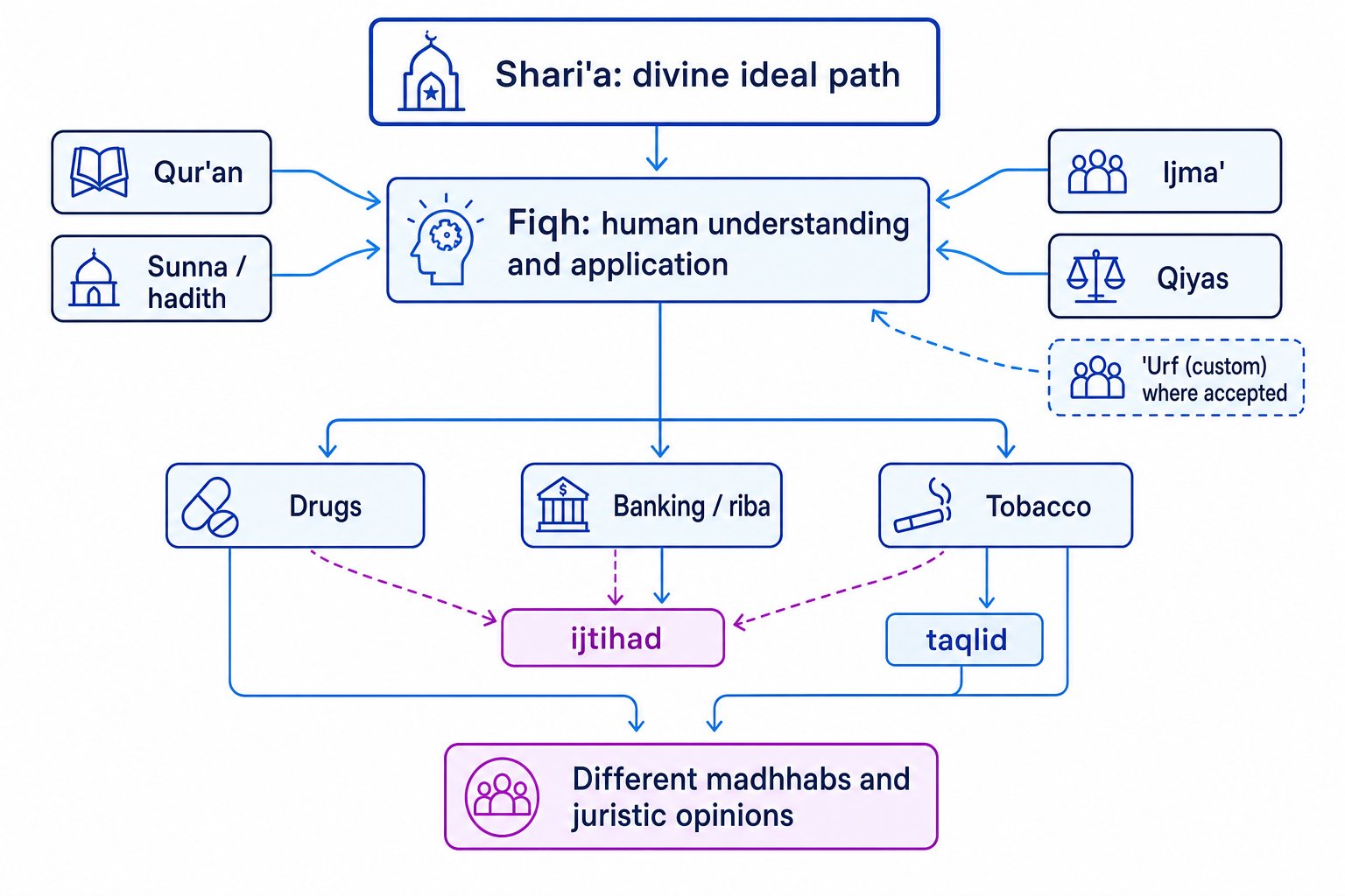 Concept map showing Shari'a as the divine ideal, fiqh as human interpretation, and sources feeding into different rulings