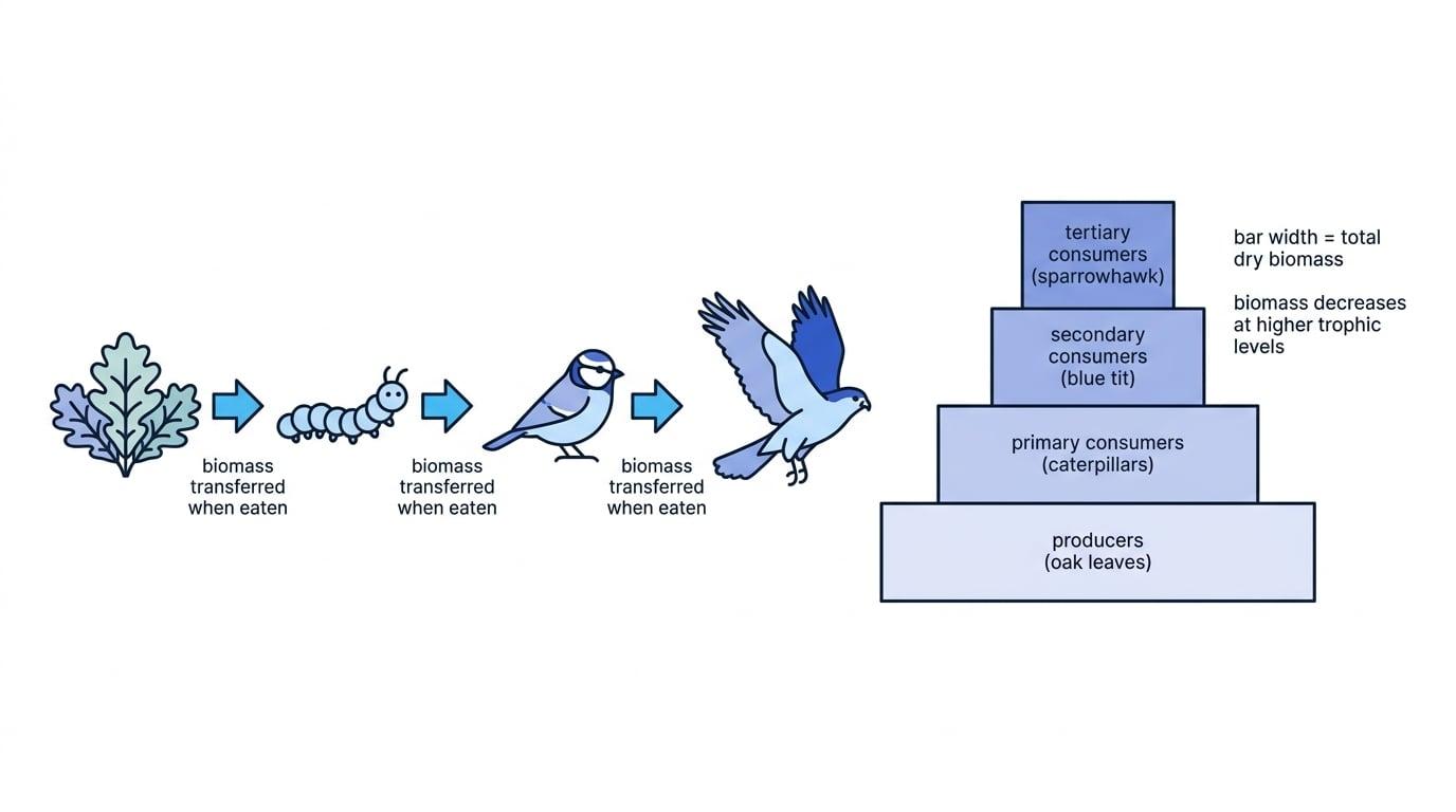 Food chain of oak leaves, caterpillars, blue tit, and sparrowhawk beside a pyramid of biomass with decreasing bar widths from producers to tertiary consumers