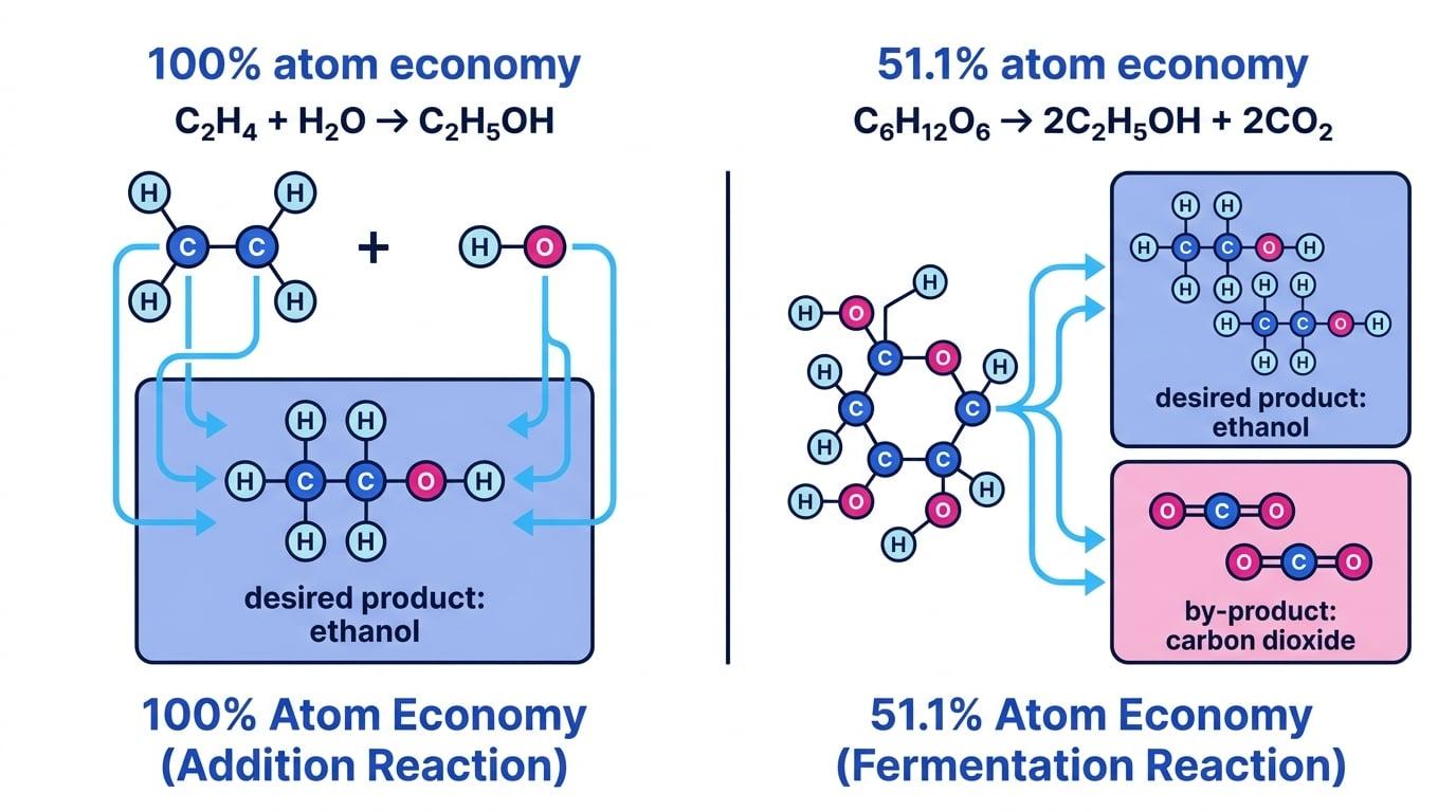 Schematic comparing 100% atom economy in hydration of ethene with 51.1% atom economy in fermentation, showing atoms ending in desired product ethanol or by-product carbon dioxide