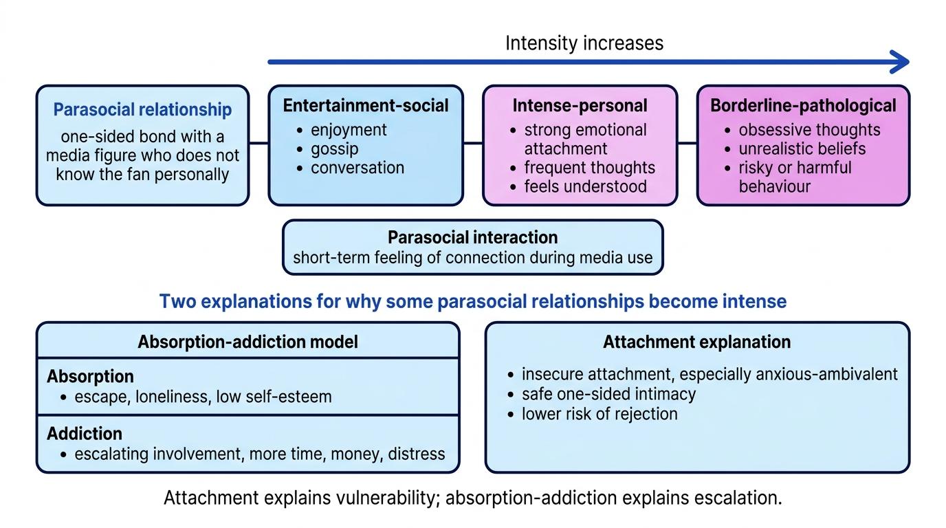 Flowchart showing parasocial relationships as one-sided bonds, the three intensity levels, and the absorption-addiction and attachment explanations