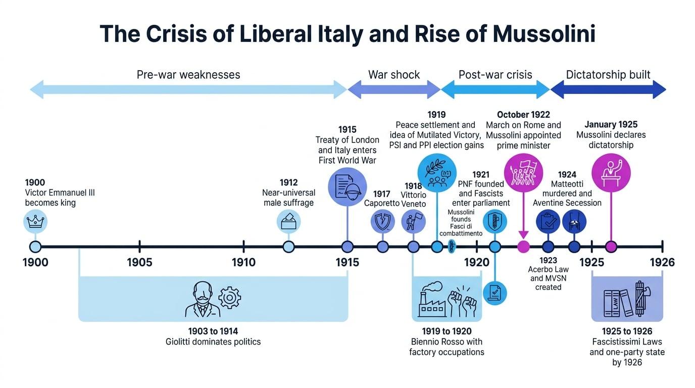 Timeline from 1900 to 1926 showing pre-war weaknesses, war shock, post-war crisis and dictatorship built with key events labelled