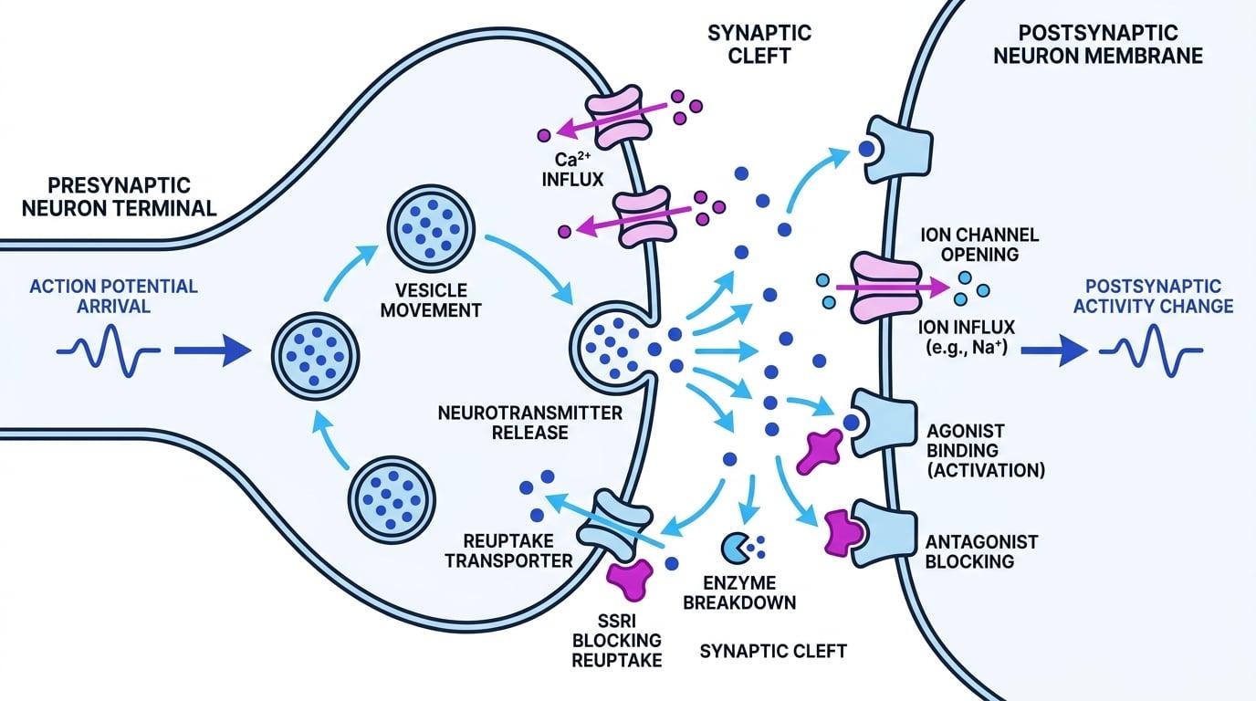 Labelled chemical synapse showing calcium entry, neurotransmitter release, receptors, reuptake, enzyme breakdown, agonist, antagonist and SSRI action