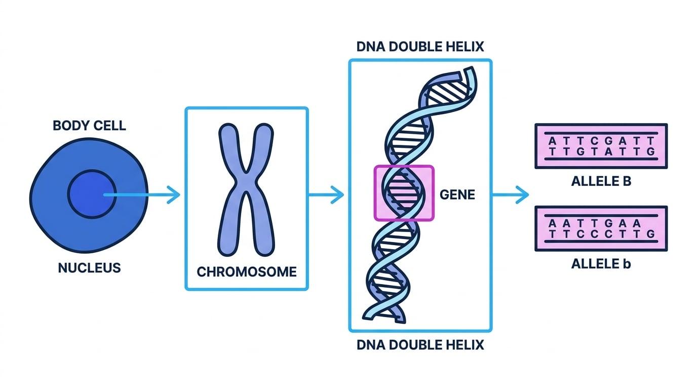 Cell with nucleus leading to chromosome, DNA double helix, a gene section, and two alleles labeled B and b