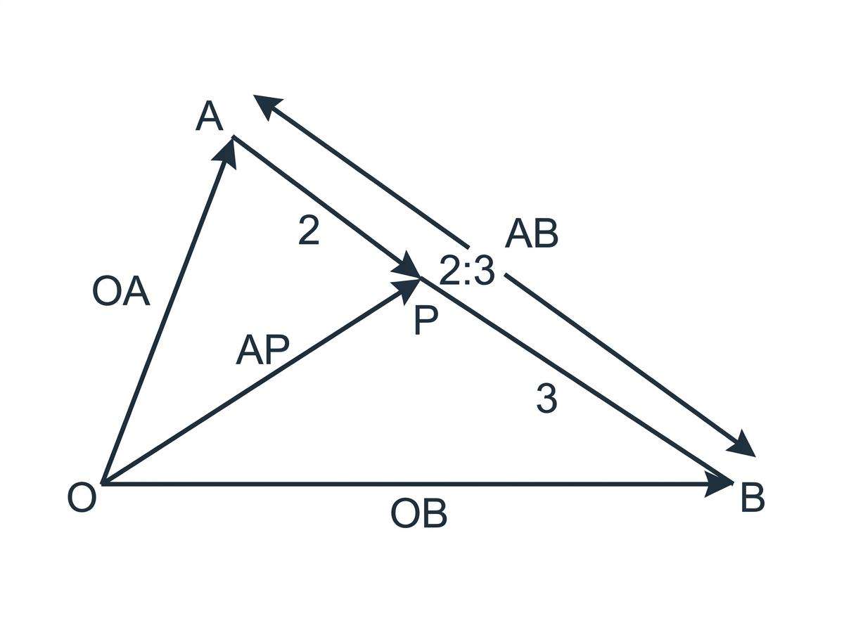 Triangle with origin O, vectors OA and OB, and point P dividing AB in the ratio 2:3