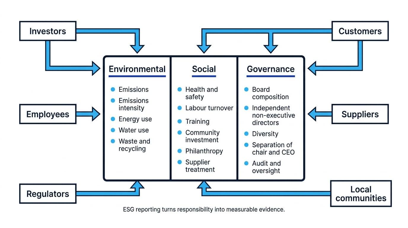 ESG reporting diagram with Environmental, Social and Governance pillars, example measures under each pillar, and arrows from investors, employees, customers, suppliers, regulators and local communities