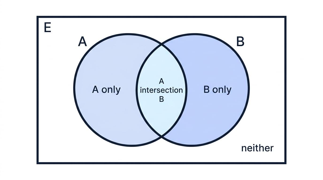 Two-set Venn diagram inside universal set E with regions A only, A intersection B, B only, and neither labelled.