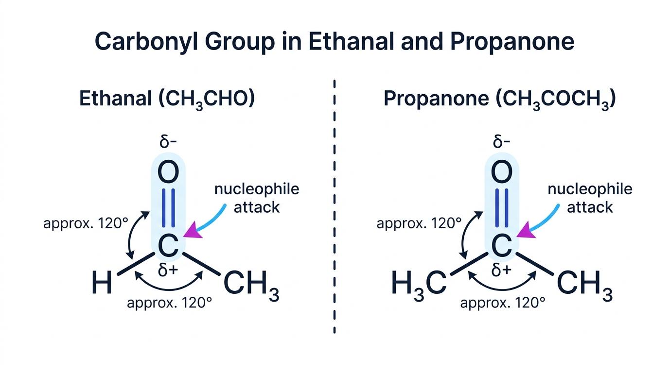 Polarity and shape of the carbonyl group in ethanal and propanone, with delta charges, 120 degree angles, and nucleophile attack labelled
