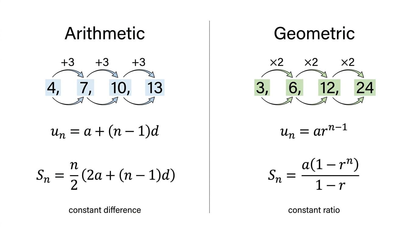 Comparison diagram of arithmetic sequence 4, 7, 10, 13 with +3 arrows and geometric sequence 3, 6, 12, 24 with x2 arrows, with nth-term and sum formulas labelled