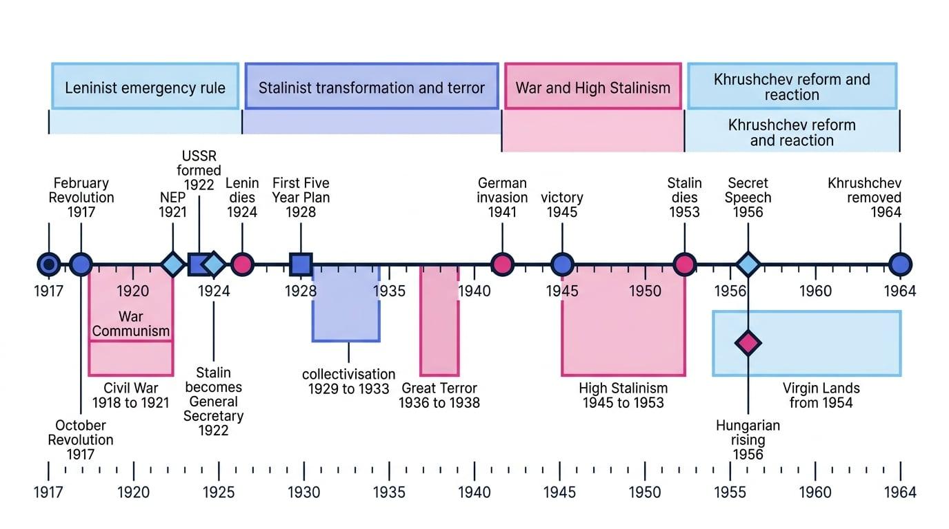 Annotated timeline of Soviet political and economic turning points from 1917 to 1964, with Lenin, Stalin and Khrushchev periods labelled