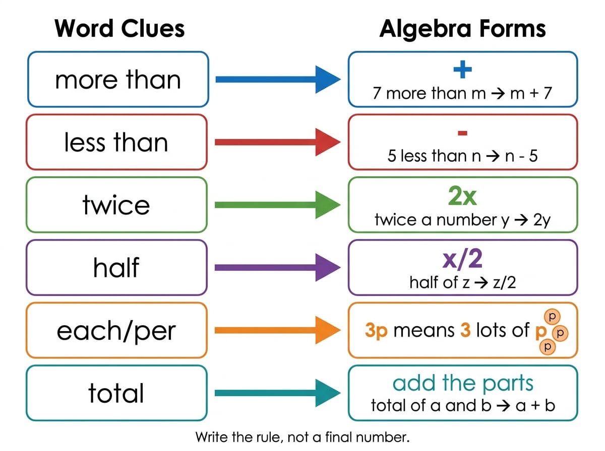 Word clue chart showing more than to plus, less than to minus, twice to 2x, half to x over 2, each or per to multiplication, and total to adding parts