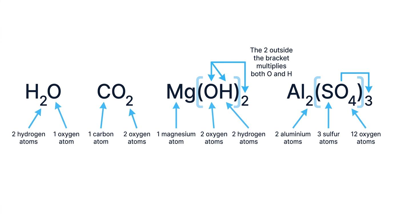Counting atoms in H2O, CO2, Mg(OH)2 and Al2(SO4)3 with subscripts and bracket multipliers labelled