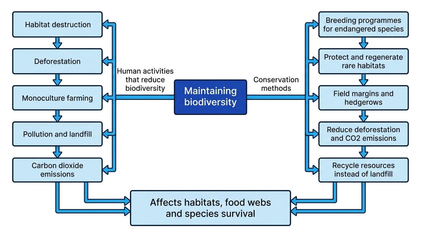 Concept map with maintaining biodiversity in the centre, harmful human activities on one side, conservation methods on the other, and both affecting habitats, food webs and species survival