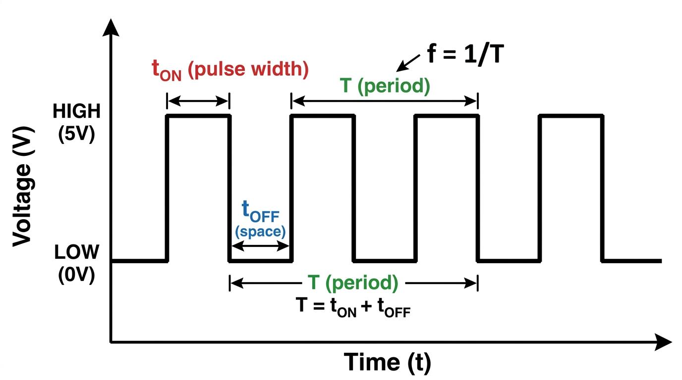 Square-wave clock pulse on voltage-time axes with HIGH and LOW levels, mark, space, and period labelled