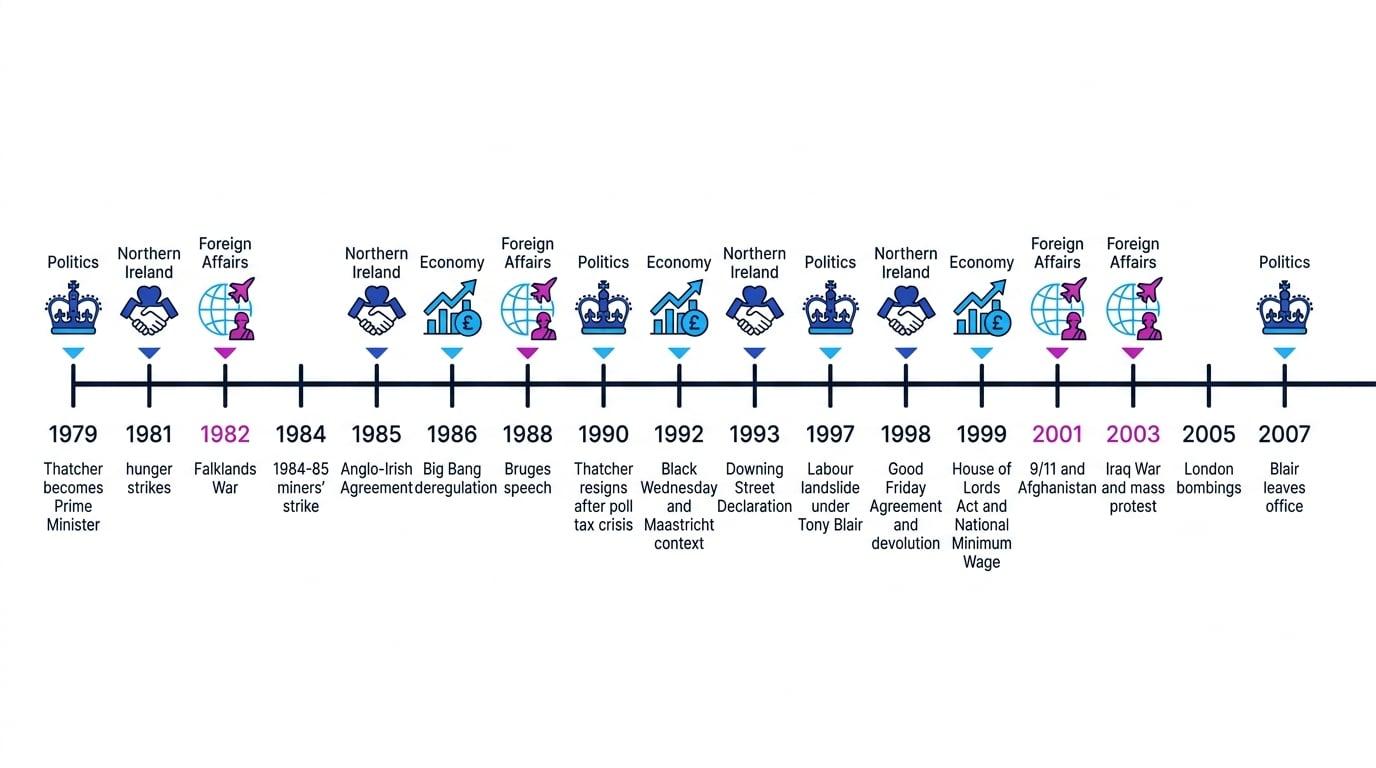 Timeline of Modern Britain from 1979 to 2007 with major political, economic, Northern Ireland and foreign policy milestones labelled