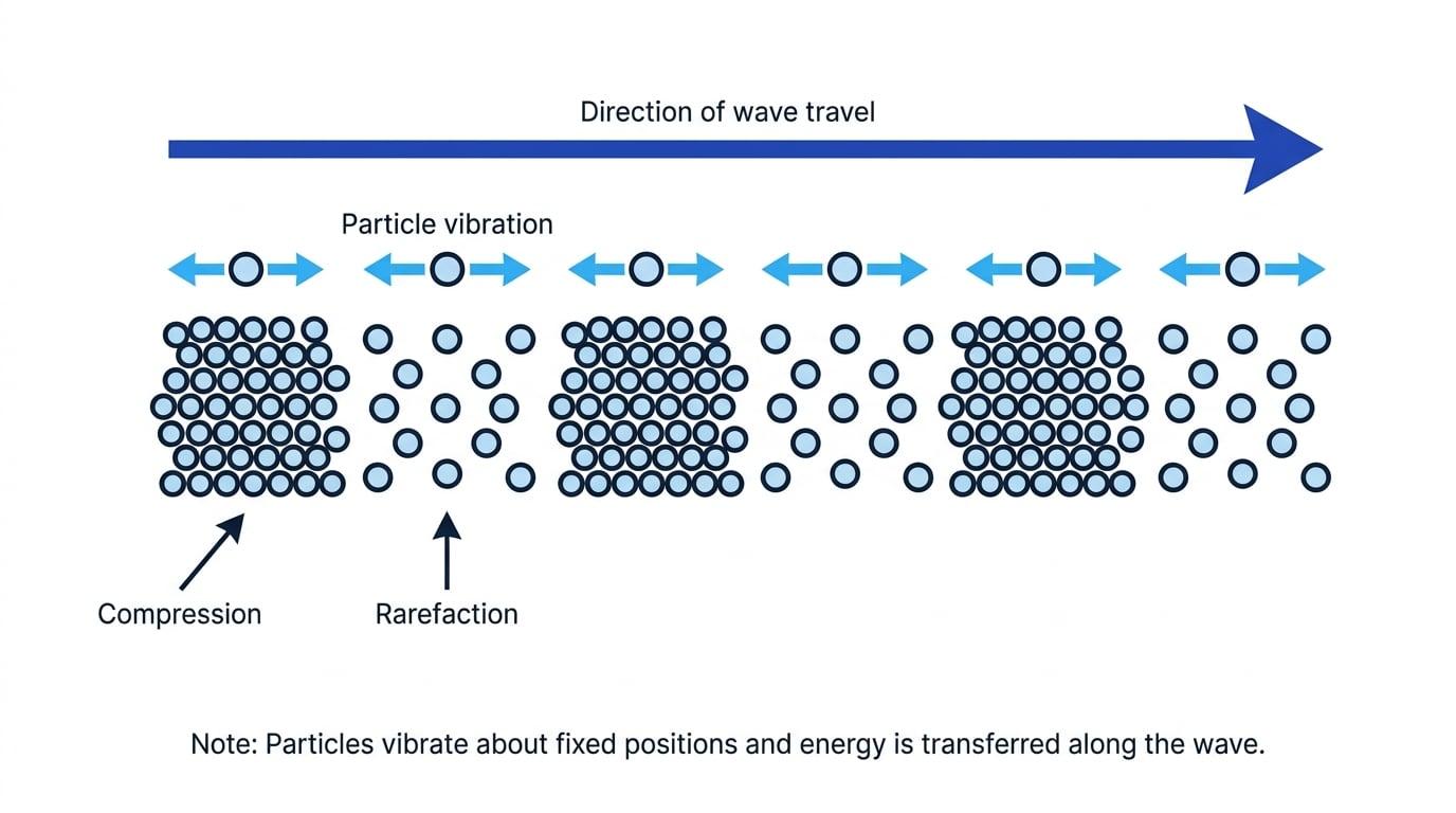 Longitudinal sound wave in air with compressions, rarefactions, particle vibration, and direction of wave travel labelled