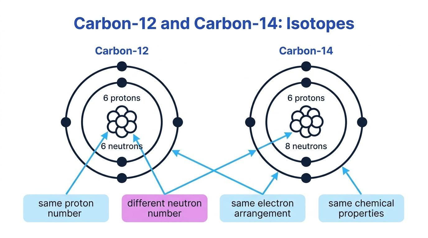 Comparison of carbon-12 and carbon-14 showing both atoms have 6 protons and the same electron arrangement, while carbon-12 has 6 neutrons and carbon-14 has 8 neutrons