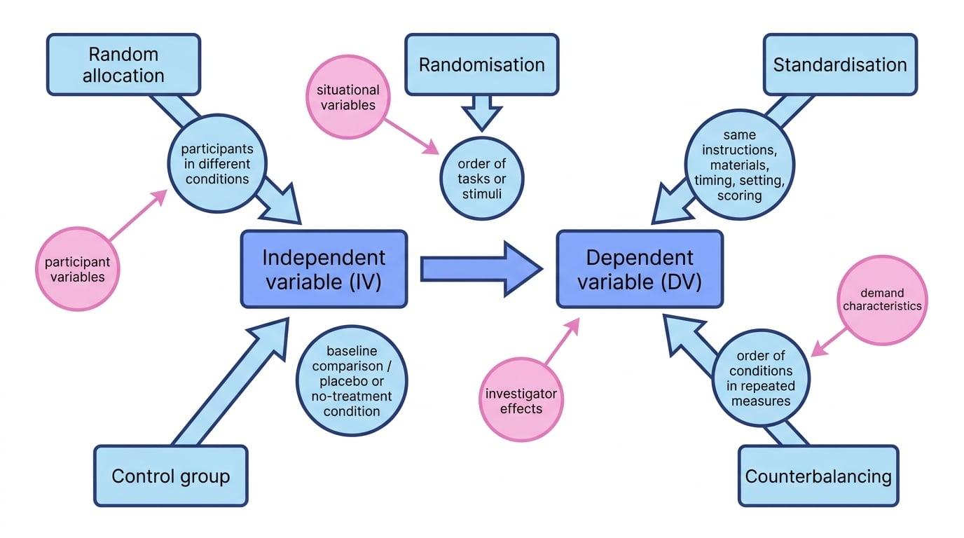 Schematic linking the independent variable and dependent variable to random allocation, randomisation, standardisation, control group, and counterbalancing in an experiment
