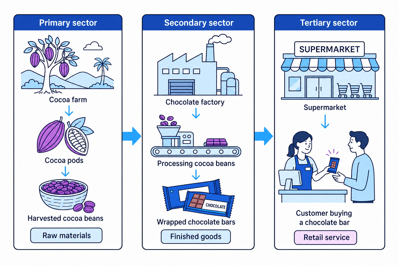 Flow diagram of a chocolate bar moving from a cocoa farm in the primary sector to a chocolate factory in the secondary sector to a supermarket in the tertiary sector