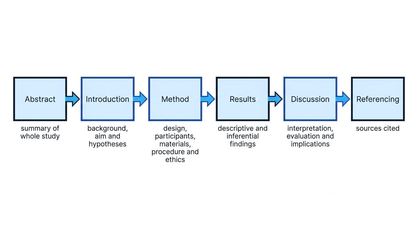 Flowchart showing the sections of a psychological scientific report in order: abstract, introduction, method, results, discussion and referencing.
