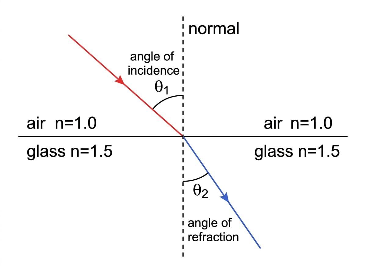 Ray diagram of a light ray passing from air into glass at a plane boundary with the normal, angle of incidence, and angle of refraction labelled
