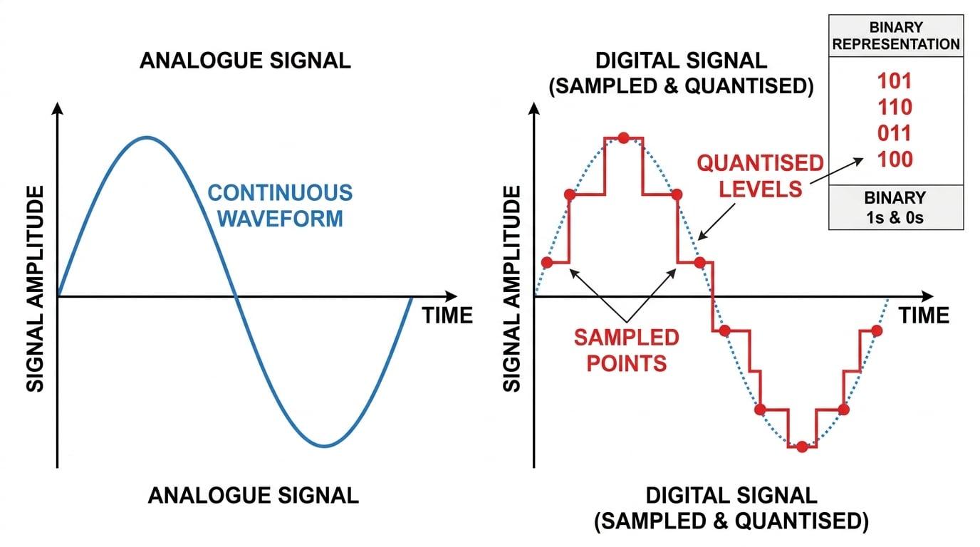 Comparison of a smooth analogue waveform and a sampled, quantised digital waveform with binary labels