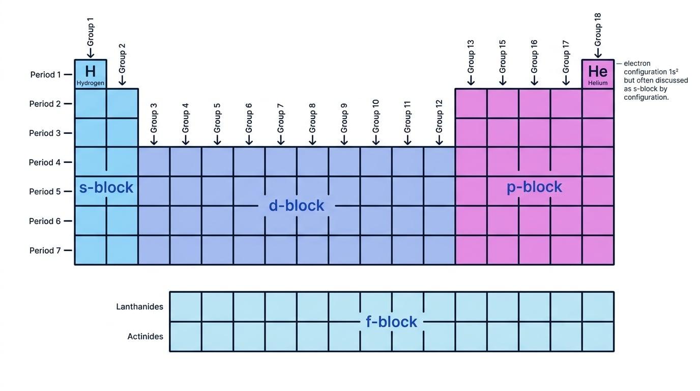 Simplified Periodic Table showing s-block on the left, d-block in the centre, p-block on the right and f-block as two detached rows below, with groups, periods and helium labelled