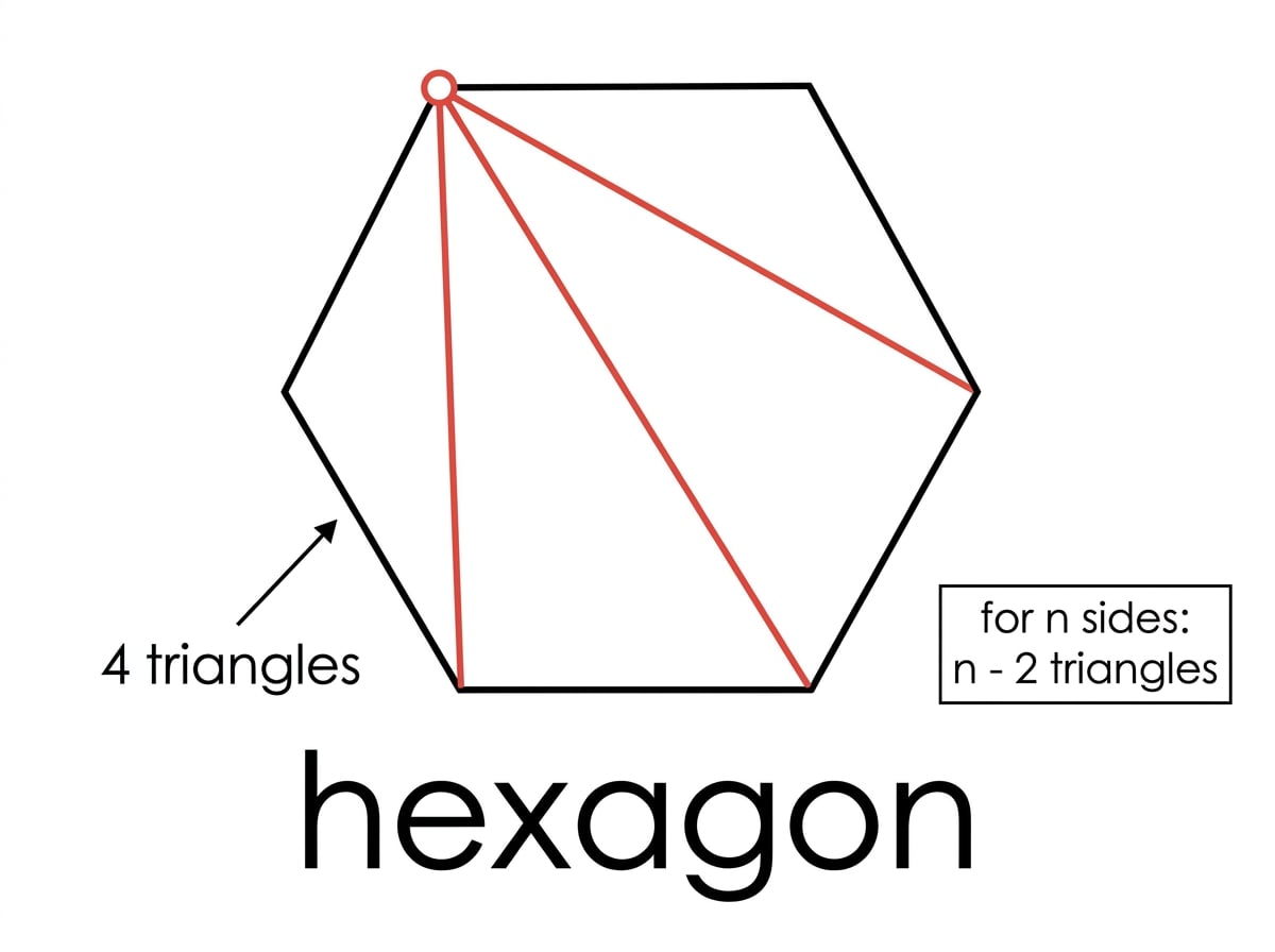 Hexagon split into four triangles from one vertex, showing how a polygon can be divided into triangles to find the interior angle sum