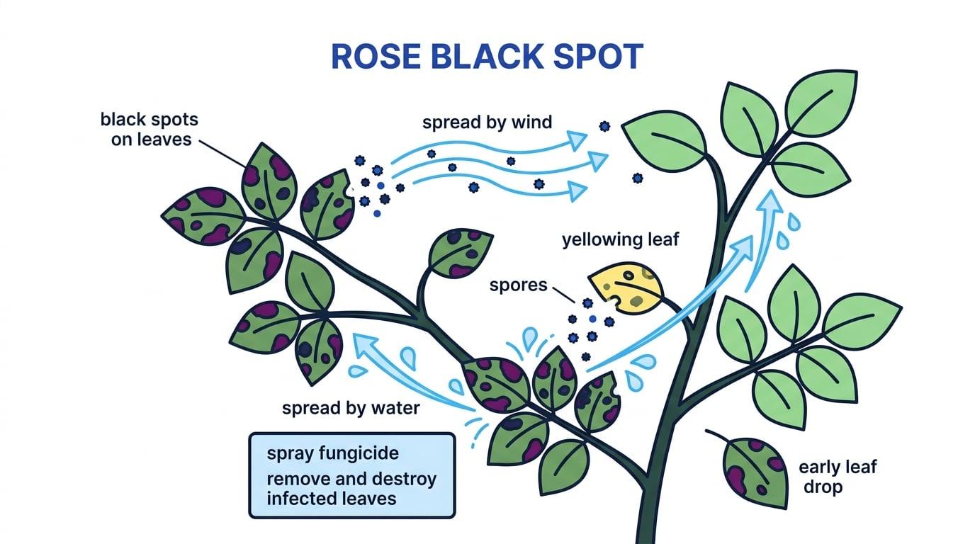 Rose black spot on a rose plant showing black spots, a yellow leaf, early leaf drop, spores, spread by wind and water, and controls by fungicide and destroying infected leaves