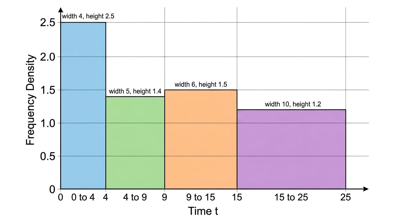 Histogram with four touching bars of unequal widths over 0 to 4, 4 to 9, 9 to 15 and 15 to 25, with frequency density heights labelled