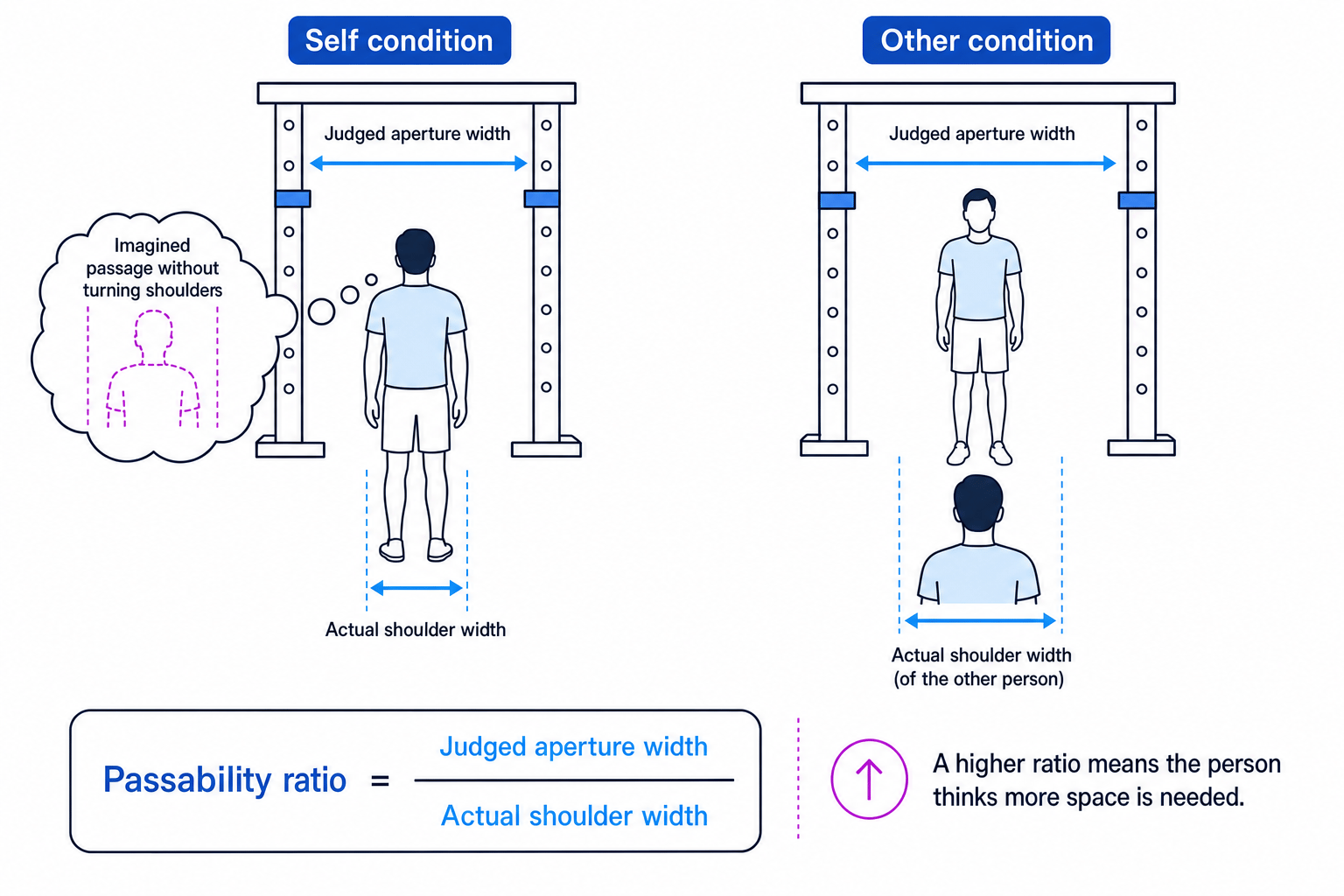 Schematic of Guardia et al. aperture task with self and other conditions, judged aperture width, actual shoulder width, and passability ratio formula