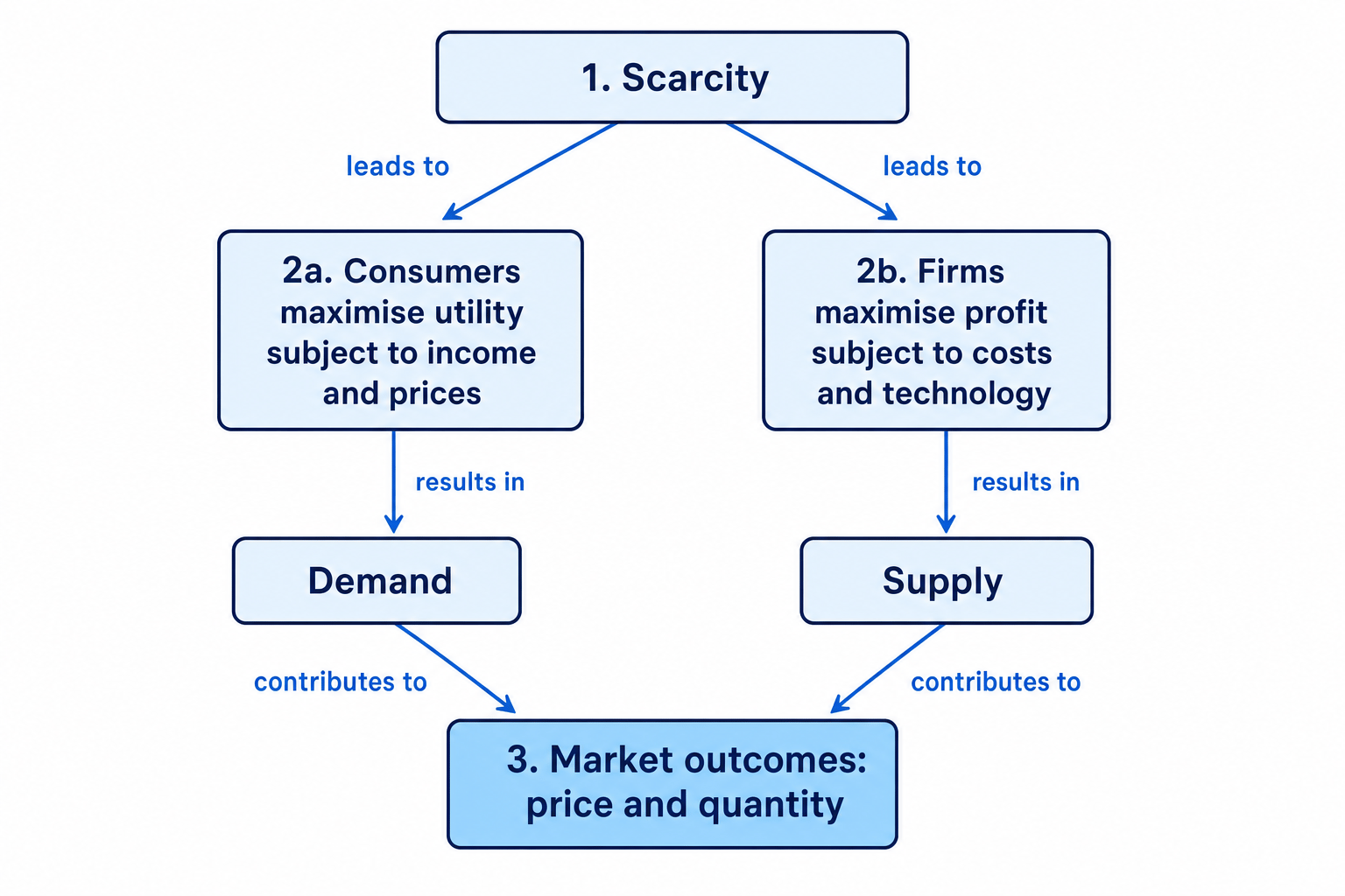 Flowchart showing scarcity leading to consumers maximising utility and firms maximising profit, then to demand, supply, and market outcomes