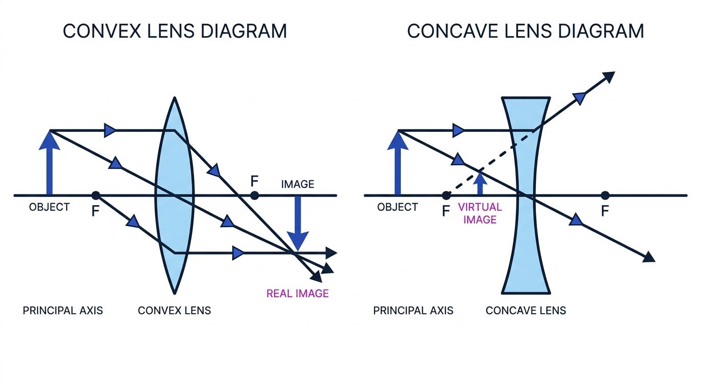 Side-by-side ray diagrams of a convex lens forming a real inverted image and a concave lens forming a virtual upright image, with focal points and principal axis labelled