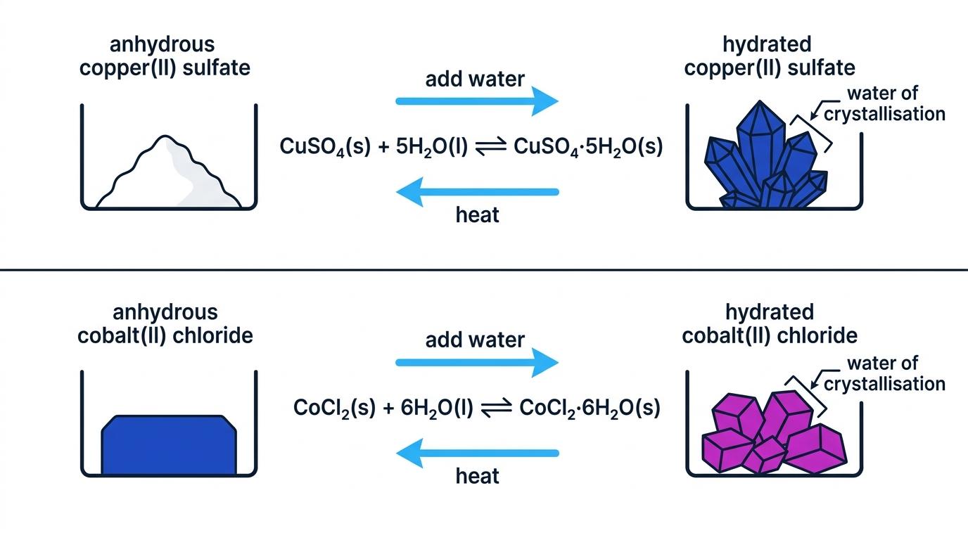 Side-by-side hydration reactions showing white anhydrous copper(II) sulfate becoming blue when hydrated and blue anhydrous cobalt(II) chloride becoming pink when hydrated, with add water and heat arrows labelled