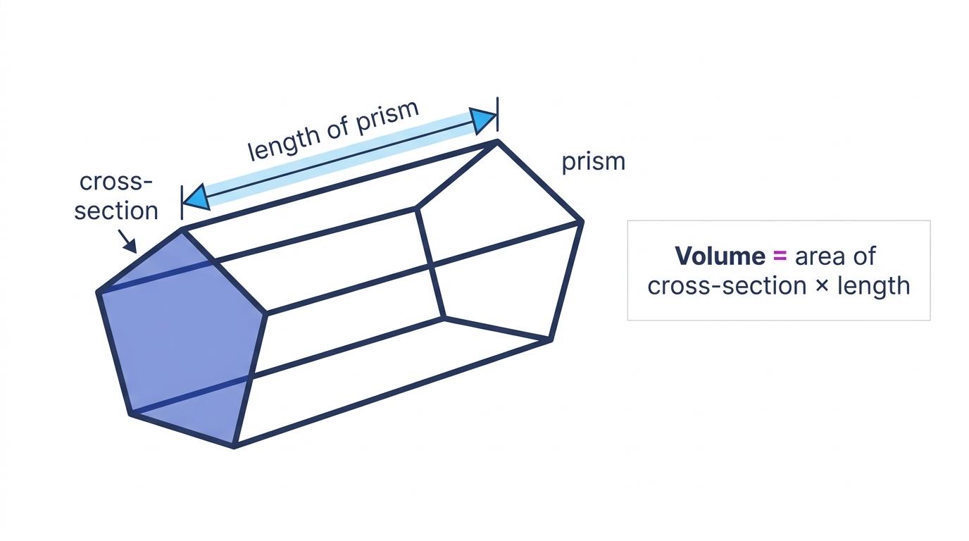 Prism with one repeated end face labelled cross-section and an arrow labelled length of prism.