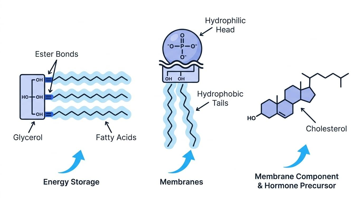 Comparison of a triglyceride, a phospholipid and cholesterol with glycerol, fatty acids, phosphate head, hydrophobic tails and ring structure labelled