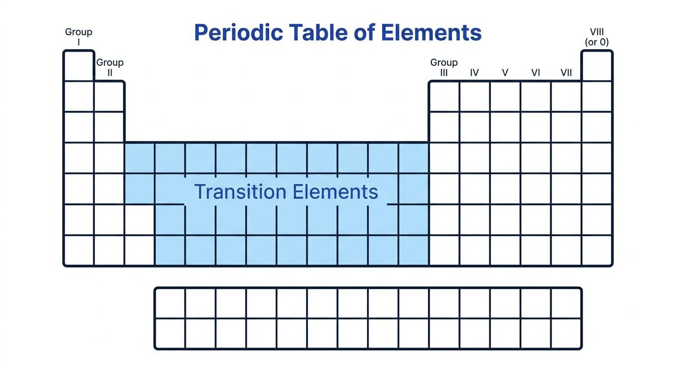 Simplified Periodic Table highlighting the transition elements in the central block