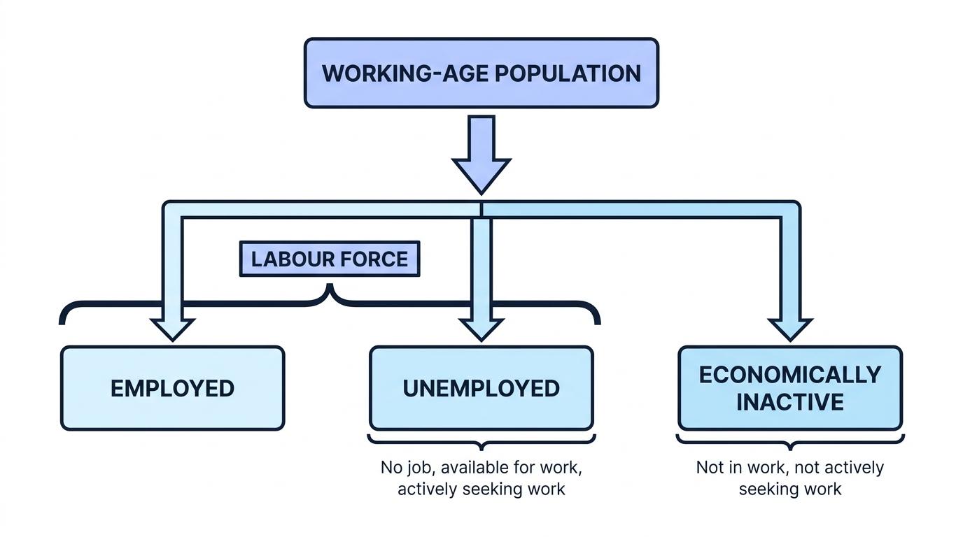 Flowchart of the working-age population split into employed, unemployed and economically inactive, with labour force shown as employed plus unemployed