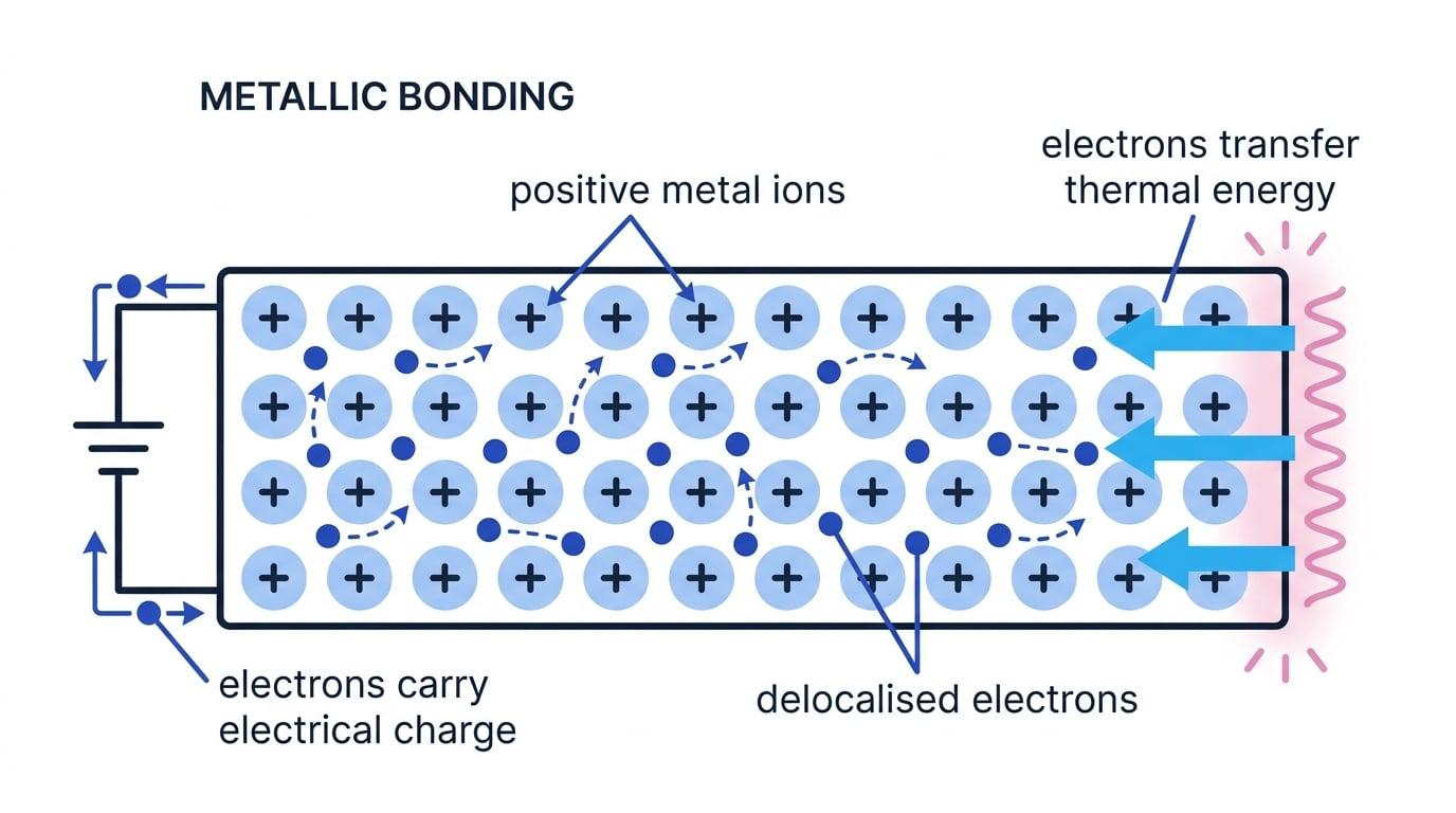 Particle diagram of a metal showing positive metal ions in a lattice and delocalised electrons moving to carry charge and transfer thermal energy