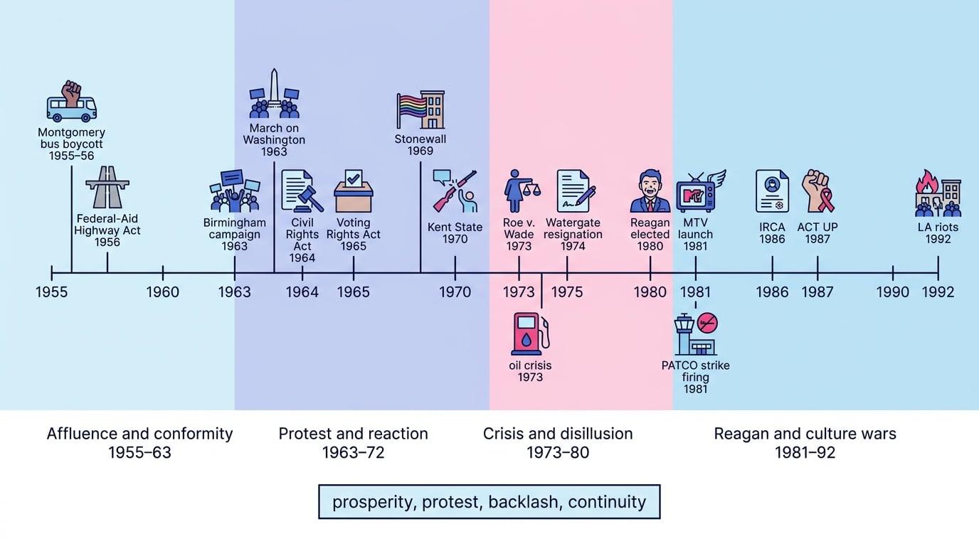 Timeline of key events in the USA from 1955 to 1992 grouped into affluence and conformity, protest and reaction, crisis and disillusion, and Reagan and culture wars