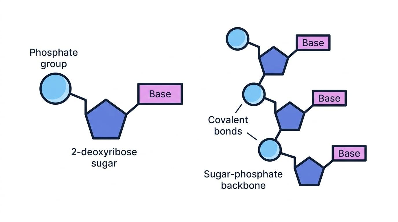 Schematic of one DNA nucleotide and a short single DNA strand showing phosphate group, 2-deoxyribose sugar, base, covalent bonds, and the sugar-phosphate backbone