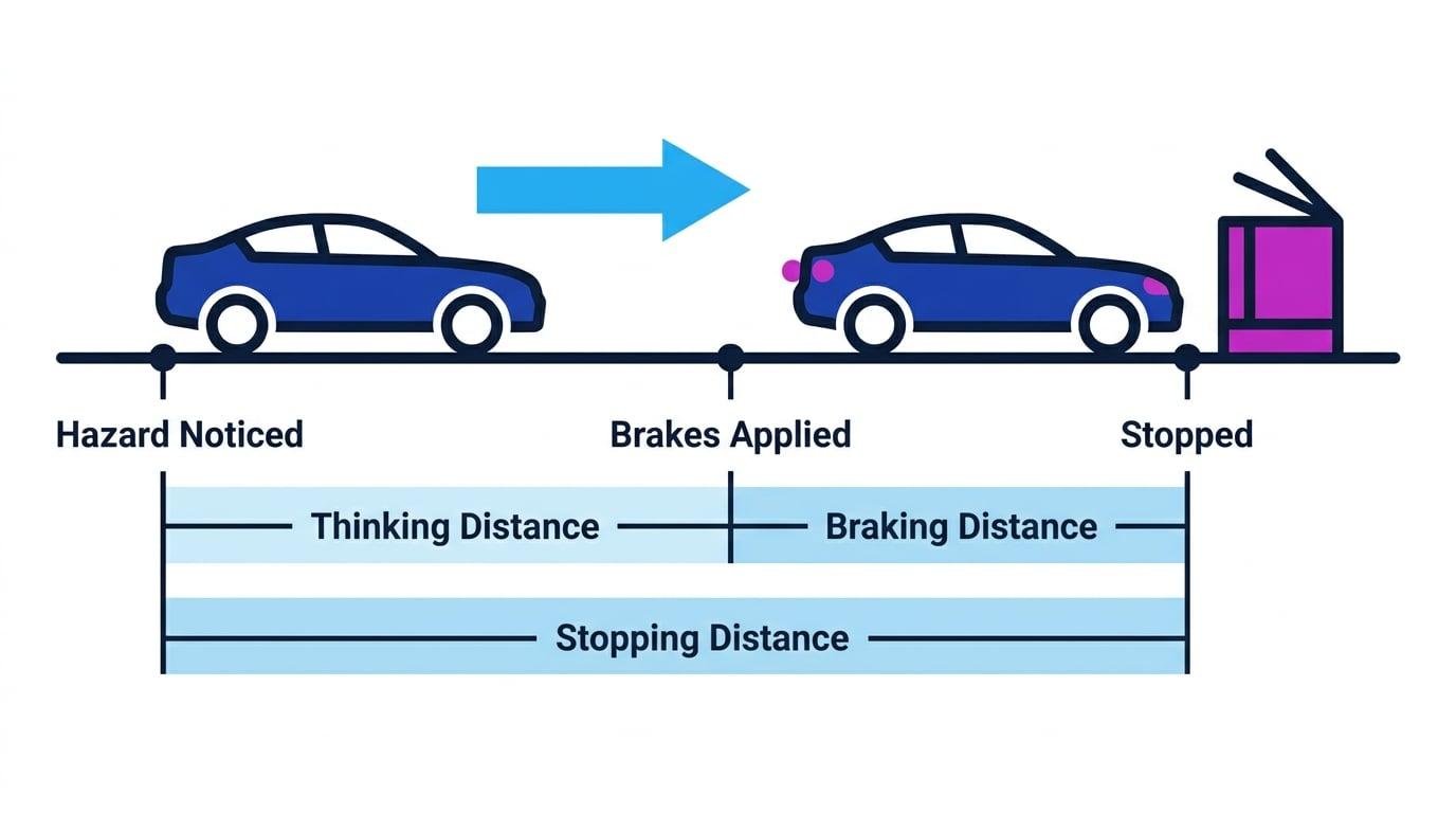 Side-view diagram of a car with hazard noticed, brakes applied, and stopped positions, with thinking distance, braking distance, and stopping distance labelled