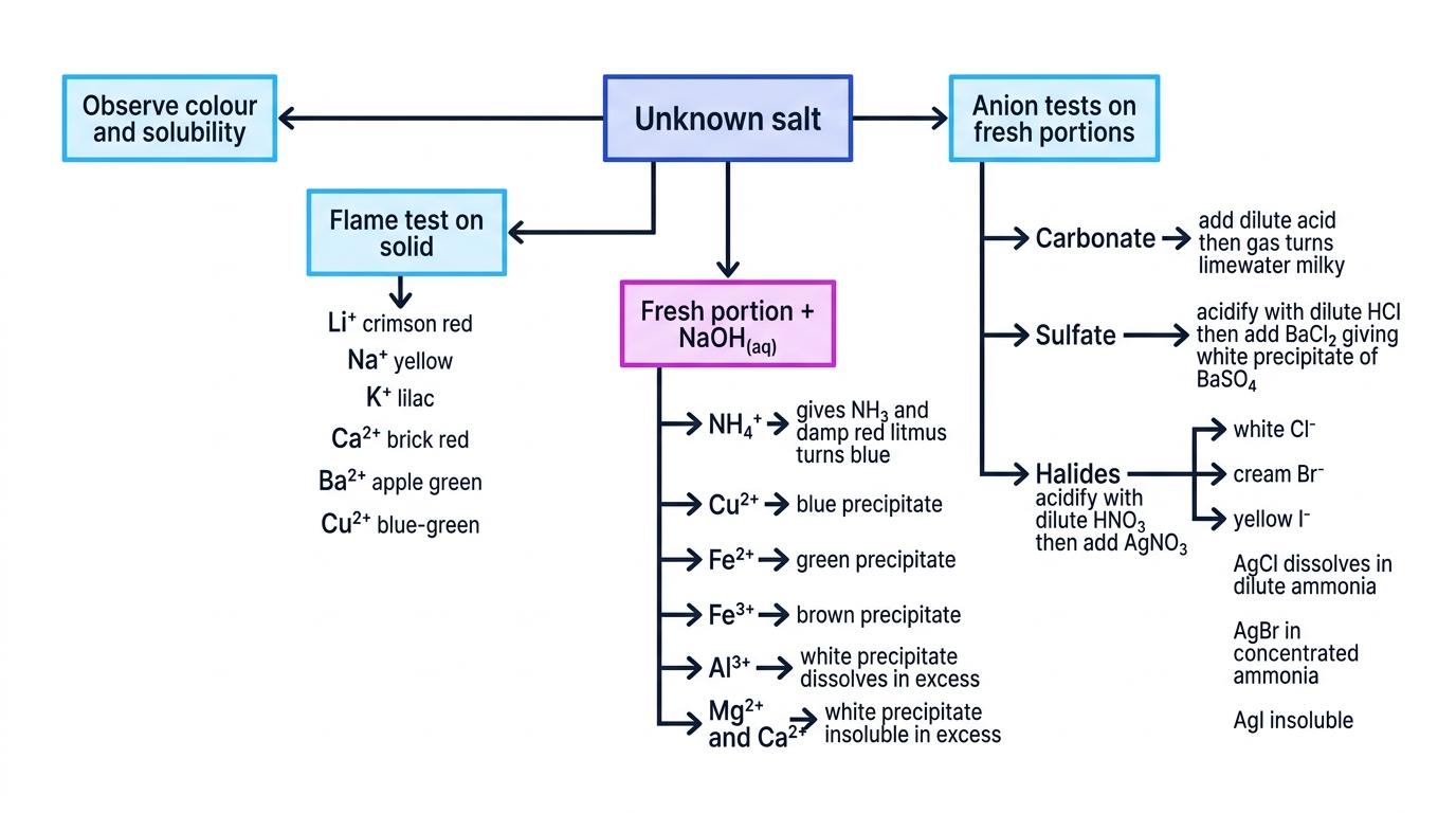 Flowchart showing an analysis plan for an unknown inorganic salt with branches for observation, flame test, NaOH cation tests, and separate anion tests for carbonate, sulfate, and halides
