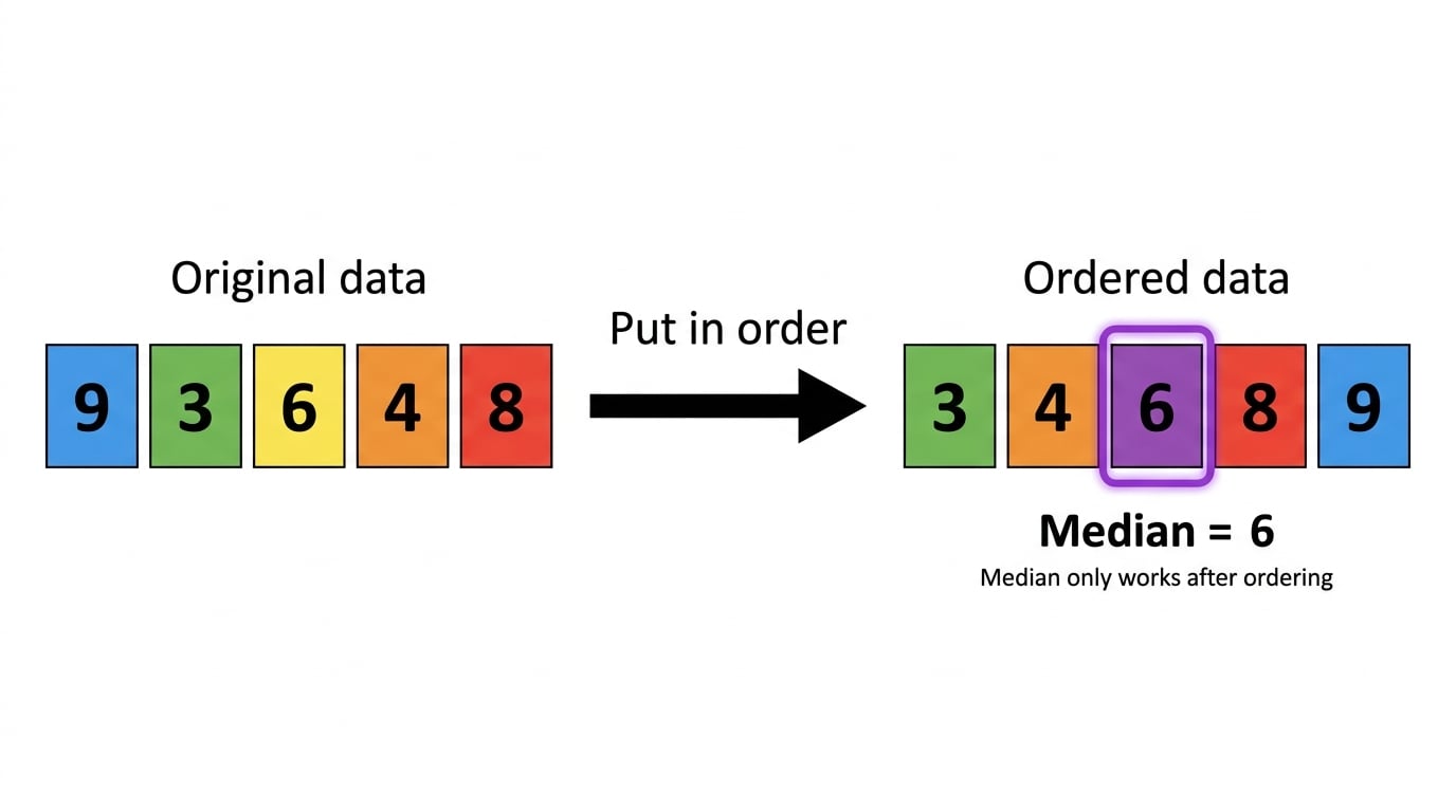 Median diagram showing an unsorted list becoming an ordered list with 6 highlighted as the middle value