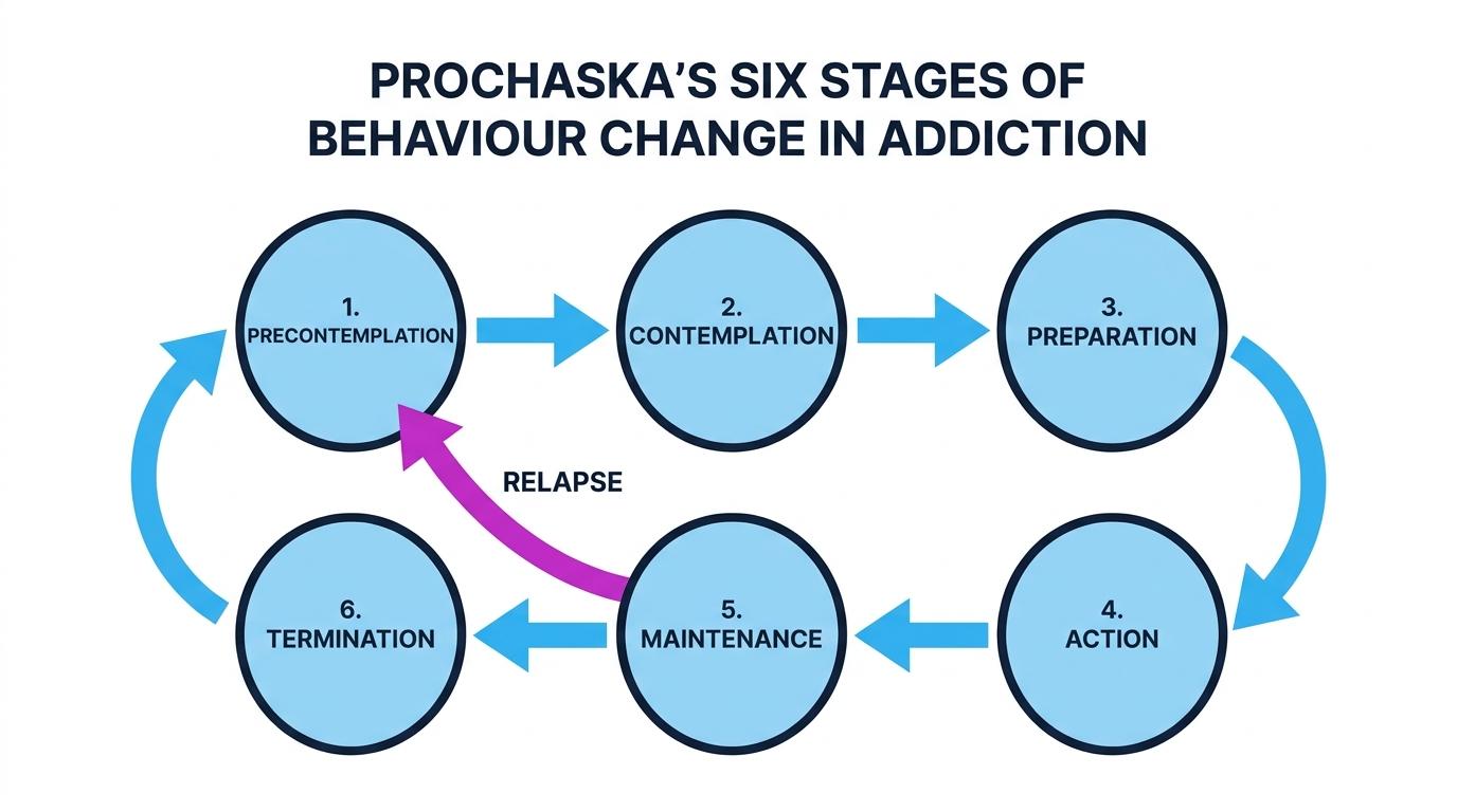 Circular flow diagram of Prochaska's six stages of behaviour change with a backward arrow showing relapse