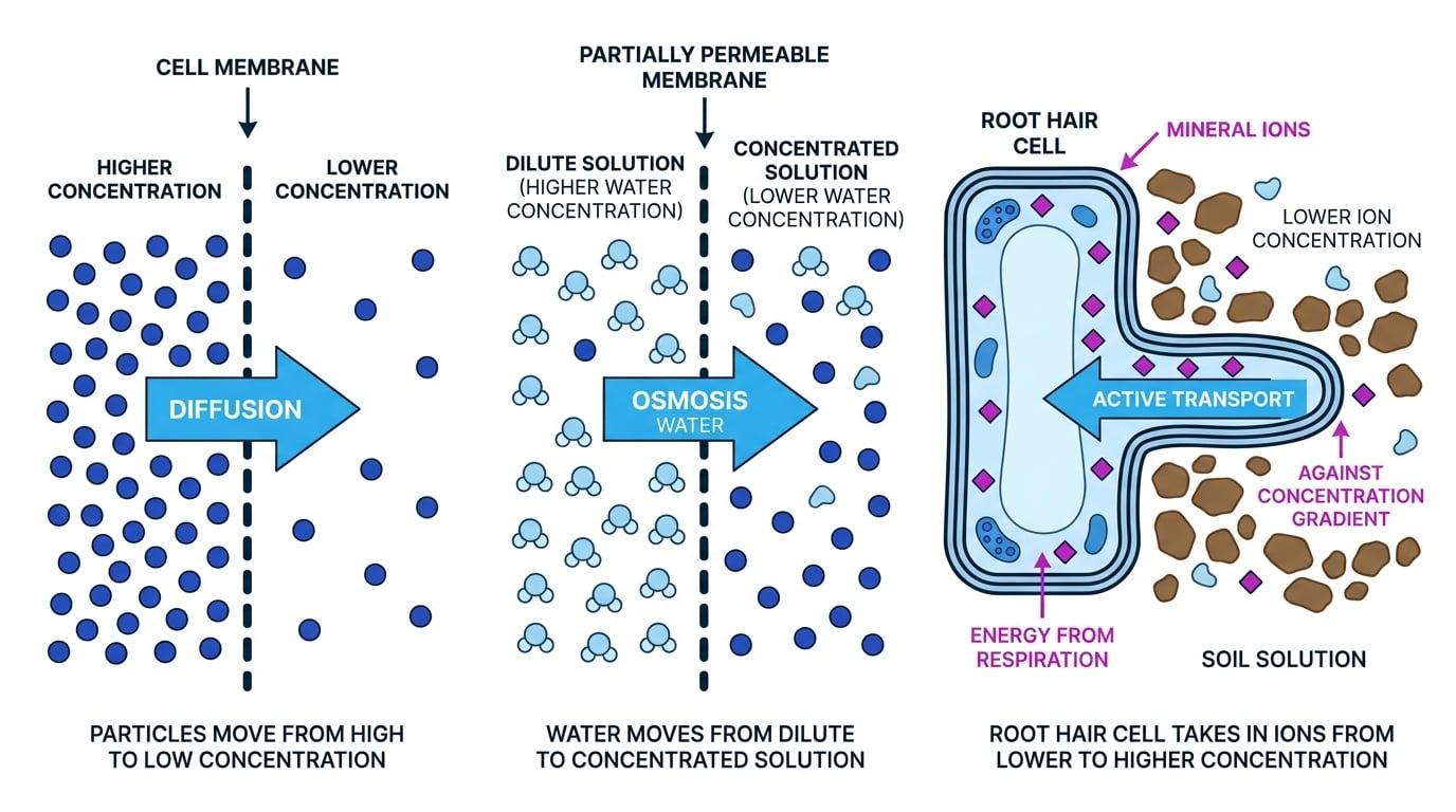Comparison of diffusion, osmosis and active transport across membranes, including a root hair cell taking in mineral ions from soil against the concentration gradient using energy from respiration
