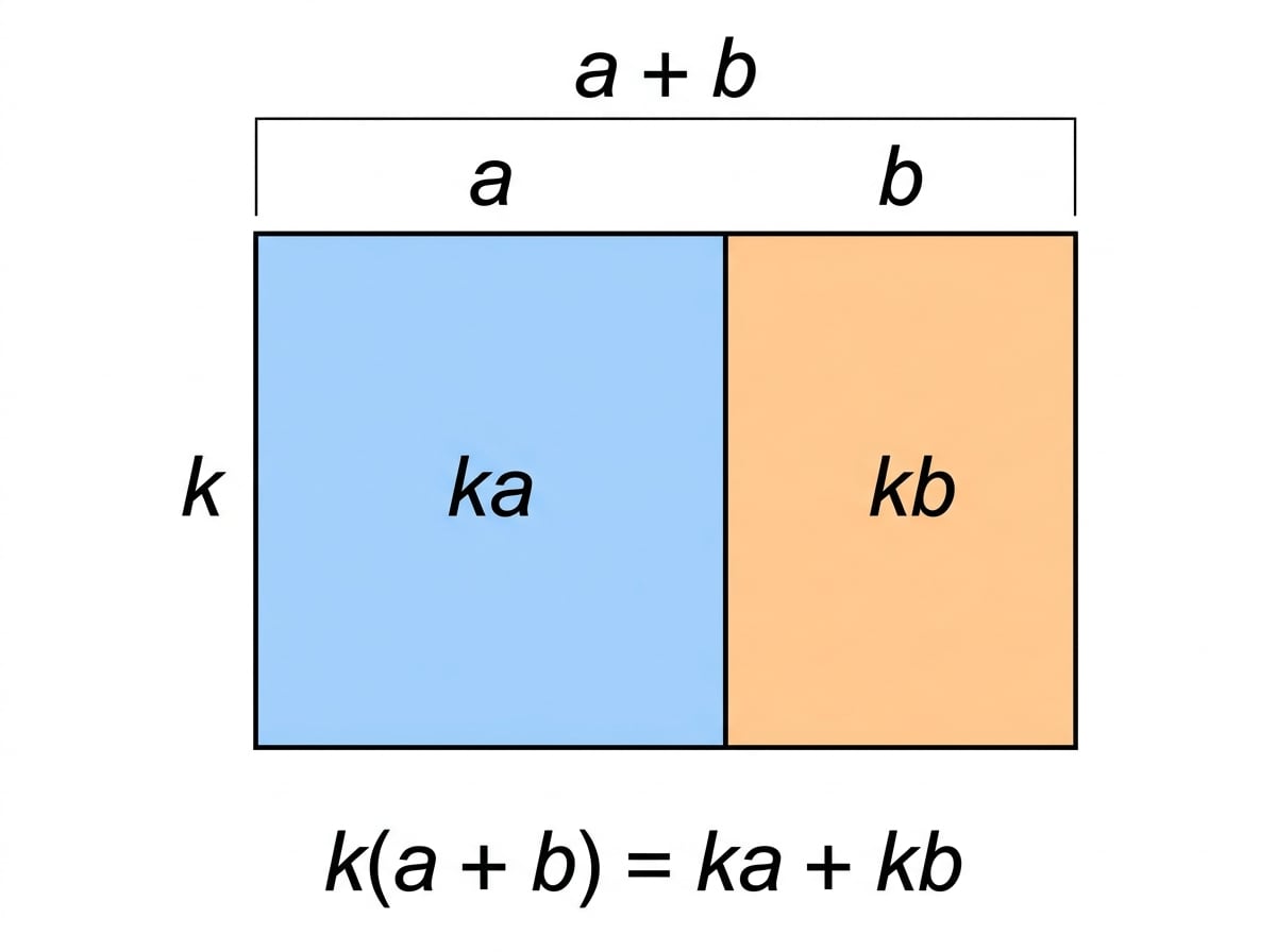 Area model of one rectangle with height k and widths a and b split into areas ka and kb to show k(a + b) = ka + kb