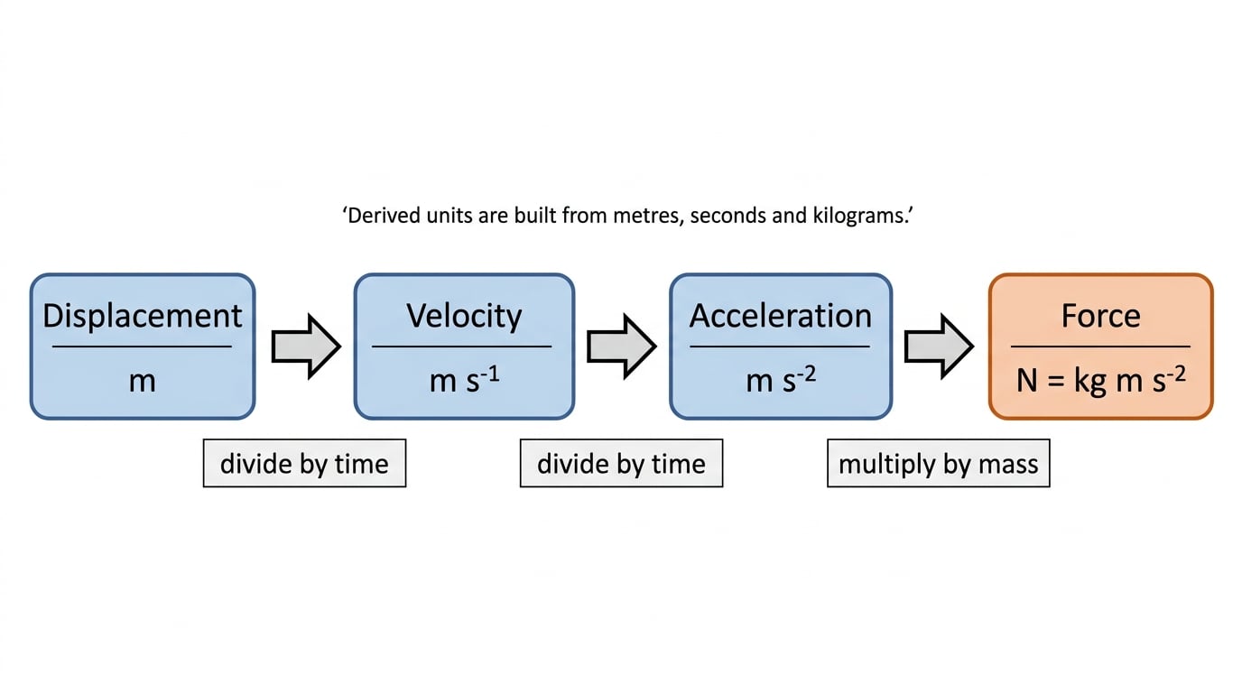 Flow diagram linking displacement, velocity, acceleration and force to their SI units: metre, metre per second, metre per second squared and newton