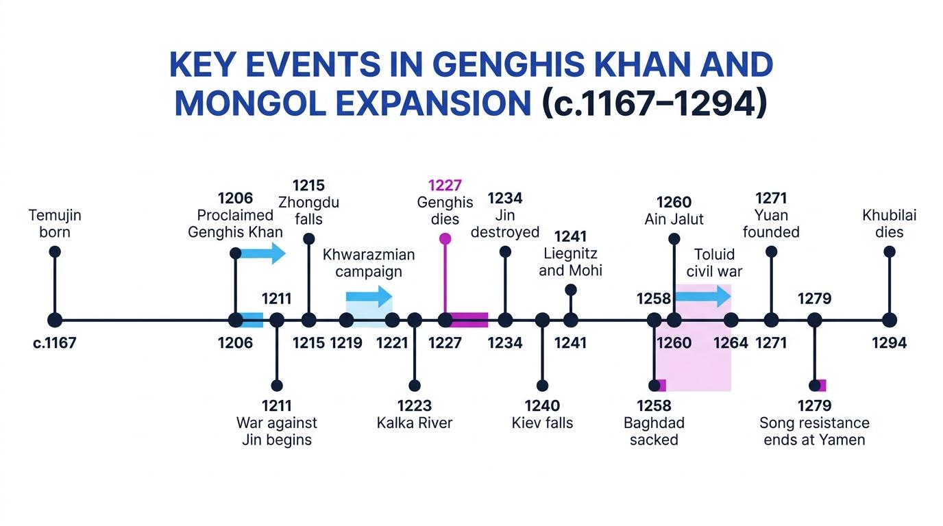 Timeline of key events from Temujin's birth to Khubilai's death, labelled with major conquests and turning points in Mongol expansion