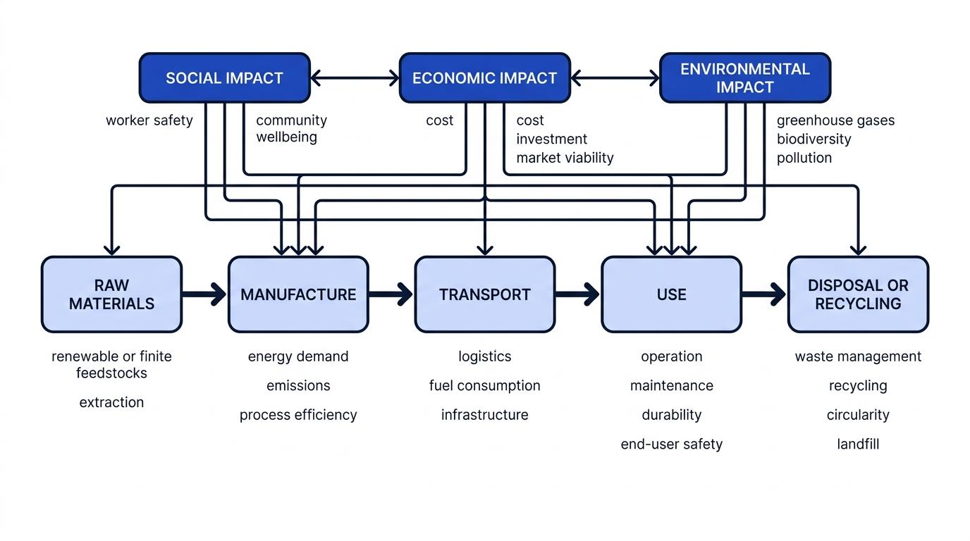 Lifecycle flowchart for evaluating a chemical or energy technology from raw materials to disposal or recycling with social, economic and environmental impacts linked to every stage